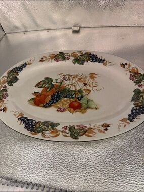 American Atelier White Oval Serving Platter with Multicolor Fruit Basket Motif
